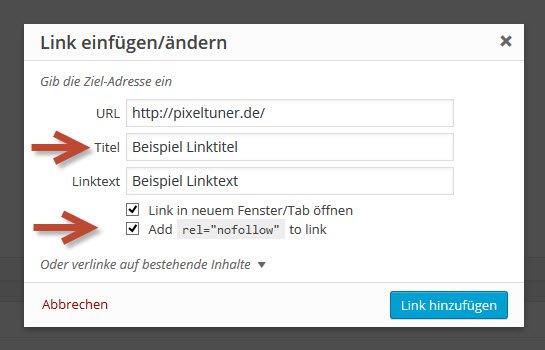 WordPress Editor: "Link einfügen"-Popup Fenster mit Titel- und nofollow-Feldern