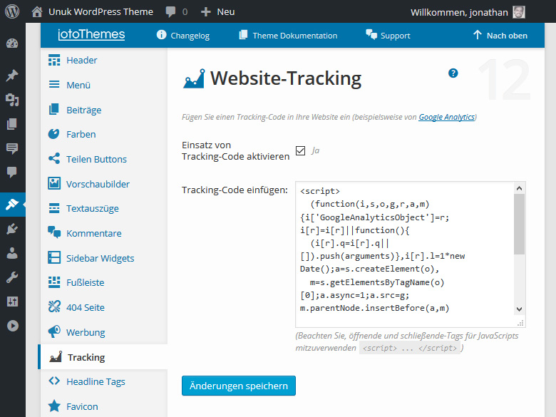 Unuk WordPress Theme kommt mit vielen nützlichen Funktionen, wie z.B. das Hinzufügen eines Tracking Codes.